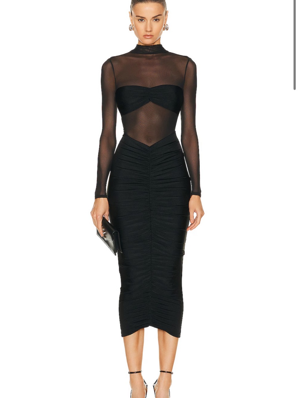 Seroya Sheer Mesh Long Sleeve Ruched Midi Dress - Black